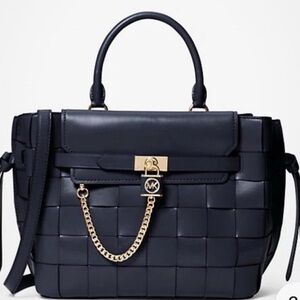 Michael Kors Hamilton Navy Woven Leather Satchel with Gold Hardware